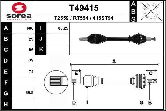 Полуось (привод в сборе, приводной вал) EAI. Артикул T49415