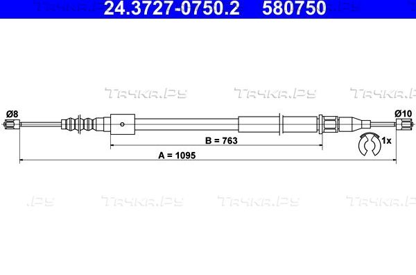 Трос ручника (тросик ручного тормоза) ATE. Артикул 24.3727-0750.2