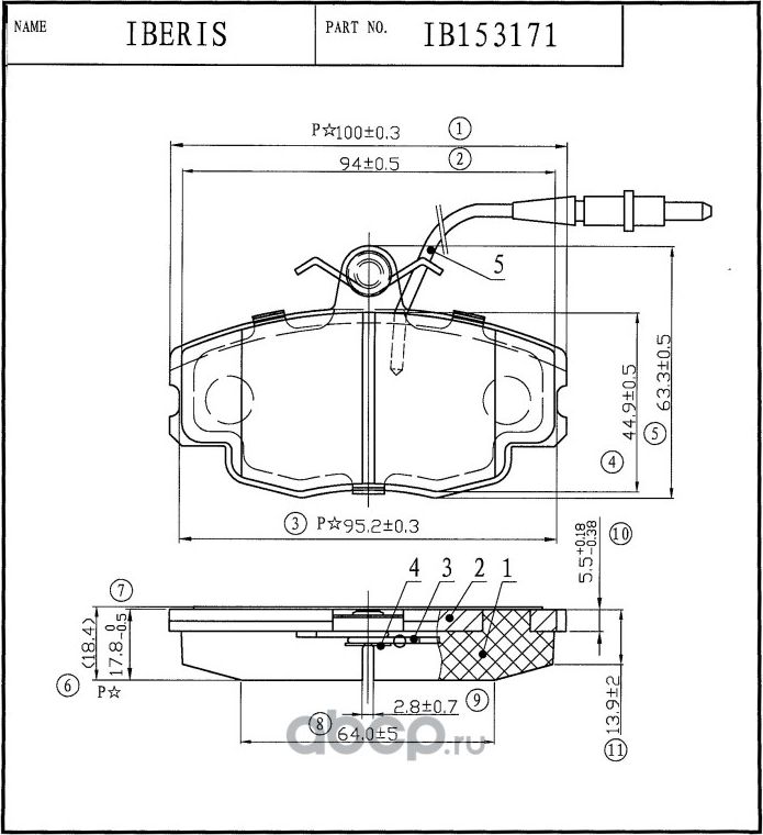 Колодки тормозные дисковые передние, комплект c датчиком (Iberis). Артикул IB153171