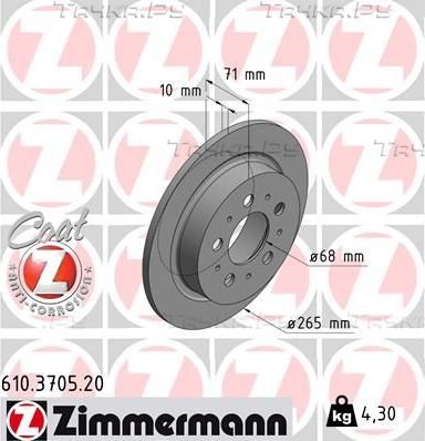 Тормозной диск Zimmermann Coat Z задний для Volvo 940 1994-1998. Артикул 610.3705.20
