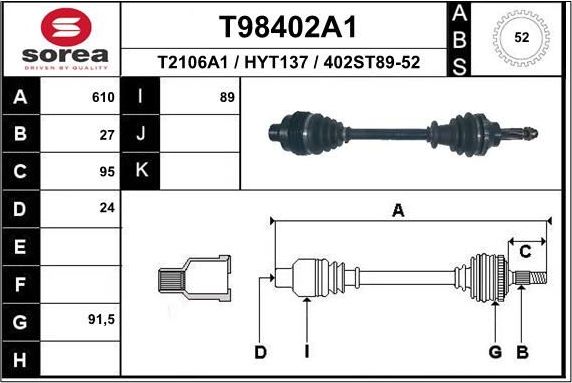 Полуось (привод в сборе, приводной вал) EAI. Артикул T98402A1