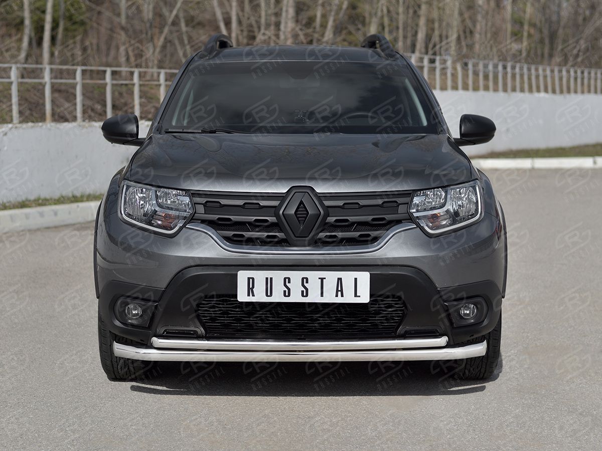 Защита RusStal переднего бампера d63 (секции)-d42 (дуга) для Renault Duster II 2021-2026. Артикул RDZ-003803