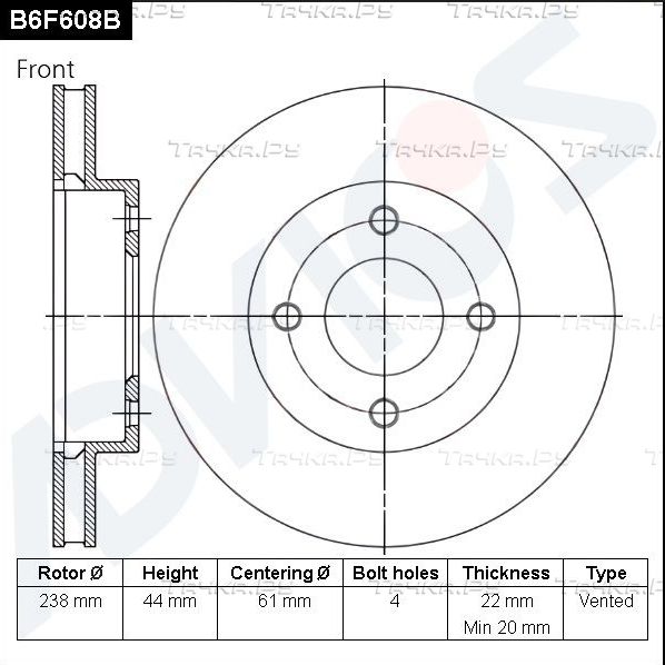 Тормозной диск Advics для Nissan Micra K13 2010-2016. Артикул B6F608B