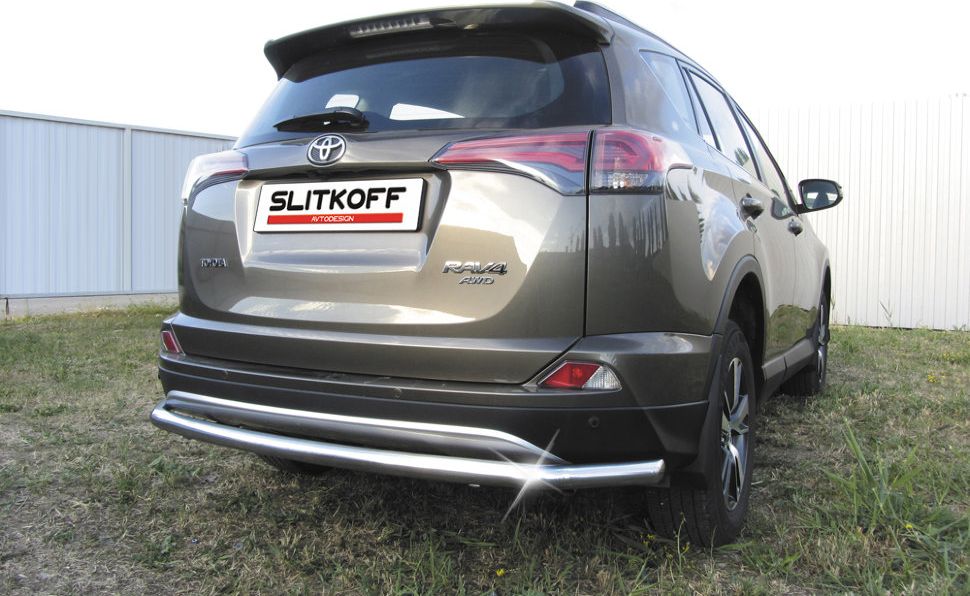 Защита Slitkoff заднего бампера d57 длинная для Toyota RAV4 IV рестайлинг 2015-2019. Артикул TR415-008