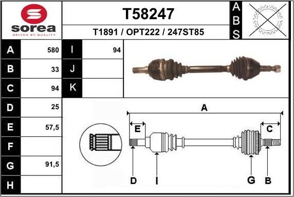 Полуось (привод в сборе, приводной вал) EAI. Артикул T58247