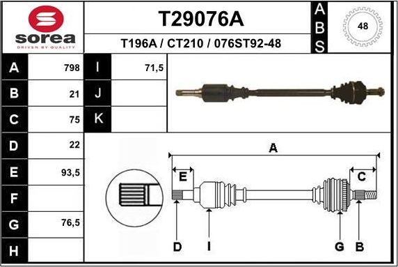 Полуось (привод в сборе, приводной вал) EAI. Артикул T29076A