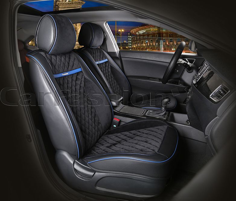Накидки универсальные CarFashion Barcelona на переднее сидения авто, цвет Черный/Черный/Синий/Синий. Артикул 21980