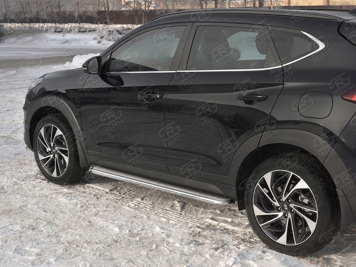 Защита порогов RusStal труба d42 с листом (лист нерж, проф. нерж) (вариант 3) для Hyundai Tucson III рестайлинг 2018-2026. Артикул HTL-0030993