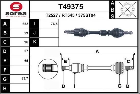Полуось (привод в сборе, приводной вал) EAI. Артикул T49375