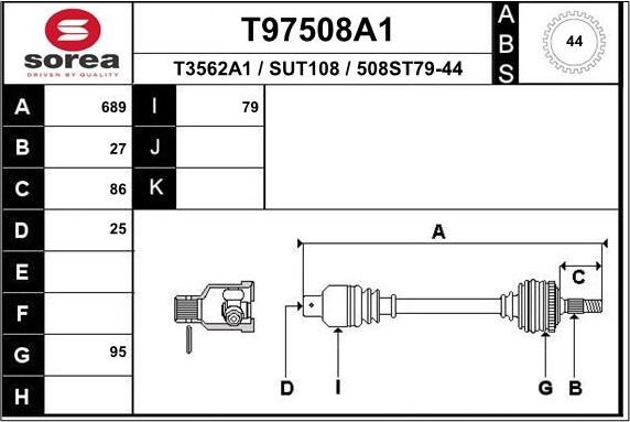 Полуось (привод в сборе, приводной вал) EAI. Артикул T97508A1