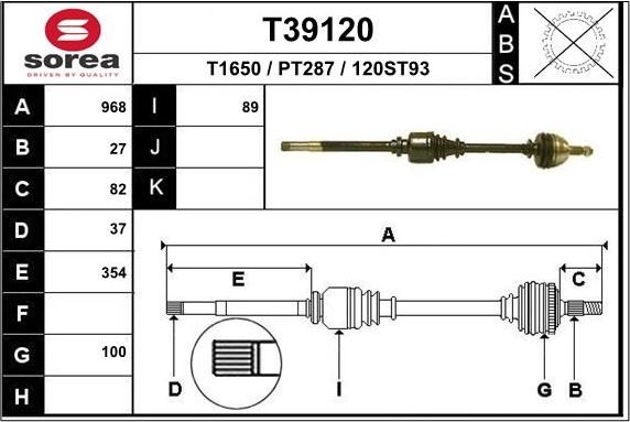 Полуось (привод в сборе, приводной вал) EAI. Артикул T39120