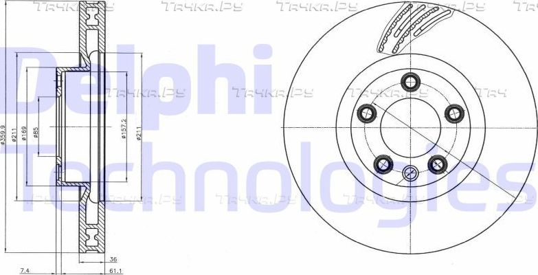 Тормозной диск Delphi передний левый для Volkswagen Touareg II 2010-2018. Артикул BG9100C