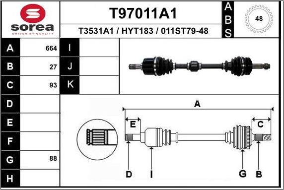 Полуось (привод в сборе, приводной вал) EAI передняя левая для Hyundai i40 I 2011-2026. Артикул T97011A1
