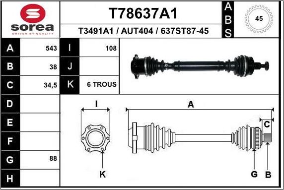 Полуось (привод в сборе, приводной вал) EAI. Артикул T78637A1