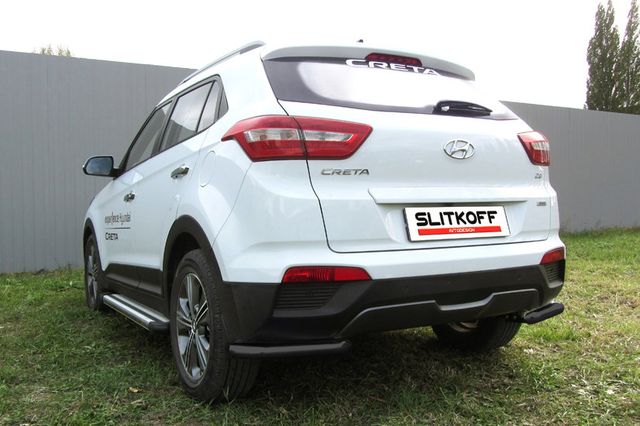 Защита Slitkoff задняя d57 уголки для Hyundai Creta 4WD 2016-2021 Черная. Артикул HCRET4WD014B