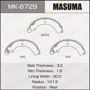 Тормозные колодки Masuma задние для Mitsubishi Colt VI (Z20/Z30) 2004-2012. Артикул MK-6729