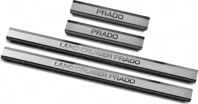 Накладки RusStal на пороги (лист нерж. шлифованный с надписью) для Toyota Land Cruiser Prado 150 2009-2026. Артикул LCPR09-03
