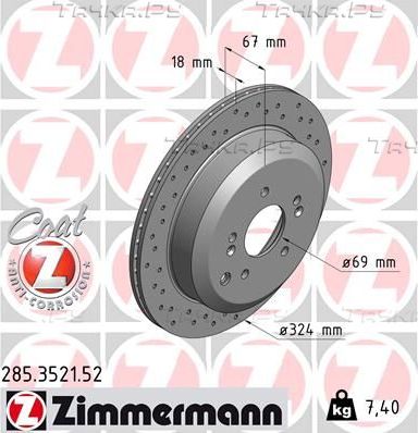 Тормозной диск Zimmermann Sport Coat Z задний для Hyundai ix55 2007-2013. Артикул 285.3521.52