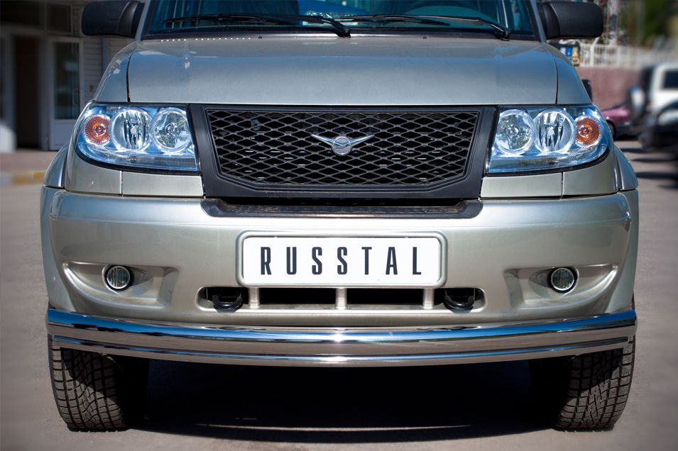 Защита RusStal переднего бампера d76/42 (дуга) для УАЗ Patriot 2005-2014. Артикул UPZ-000503