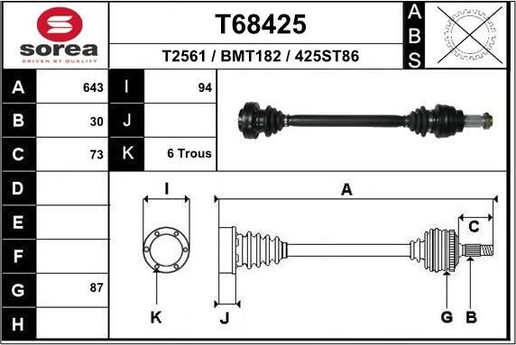 Полуось (привод в сборе, приводной вал) EAI. Артикул T68425