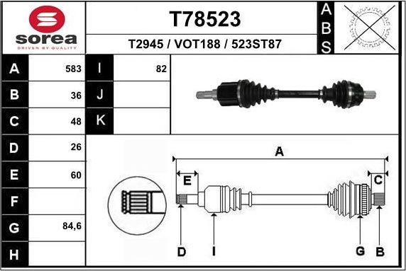 Полуось (привод в сборе, приводной вал) EAI. Артикул T78523