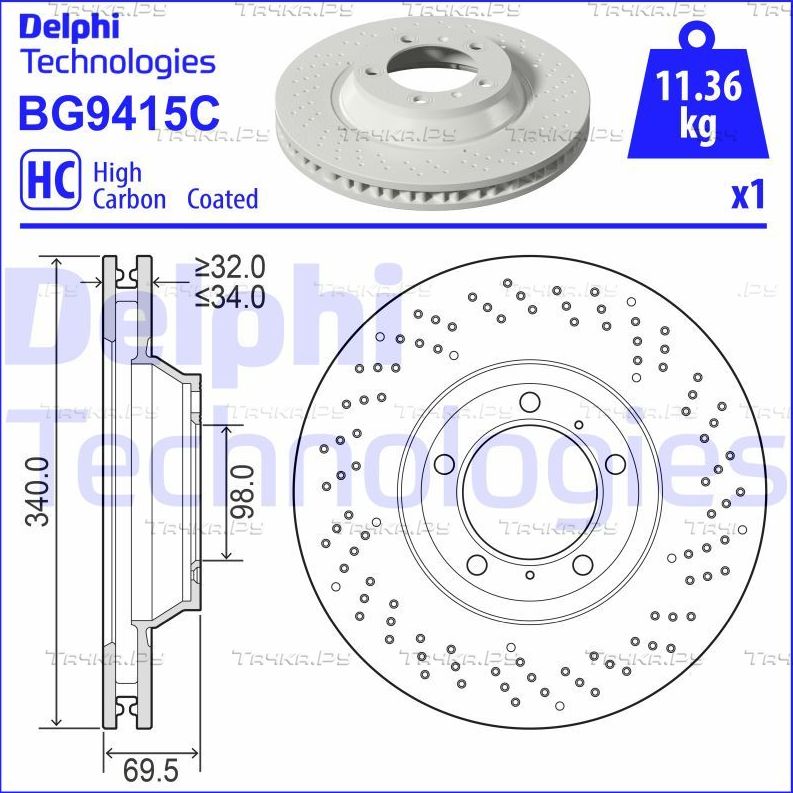 Тормозной диск Delphi передний левый для Porsche Boxster IV 718 (982) 2015-2026. Артикул BG9415C
