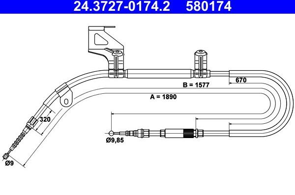 Трос ручника (тросик ручного тормоза) ATE задний левый для Volkswagen Passat B5 1996-2005. Артикул 24.3727-0174.2