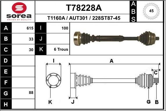 Полуось (привод в сборе, приводной вал) EAI. Артикул T78228A
