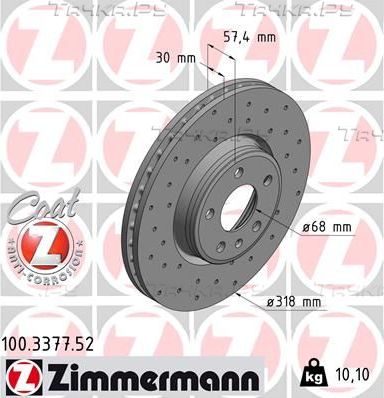 Тормозной диск Zimmermann Sport Coat Z передний для Audi A4 allroad V (B9) 2016-2026. Артикул 100.3377.52