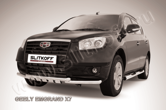 Защита Slitkoff переднего бампера d57+d57 двойная с профильной ЗК для Geely Emgrand X7 2011-2016. Артикул GEX7001