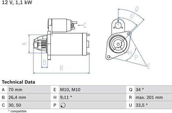 Стартер Bosch для Mercedes-Benz CLC-Класс 2008-2010. Артикул 0 986 020 350