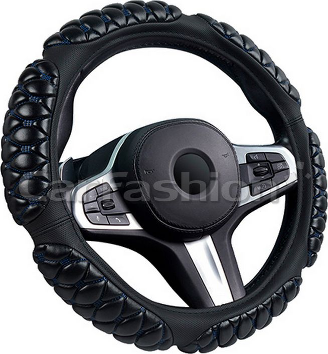 Оплётка на руль CarFashion BLACKBERRY L (размер M, экокожа, цвет ЧЕРНЫЙ/СИНИЙ). Артикул 31659
