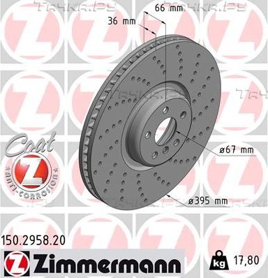 Тормозной диск Zimmermann Coat Z передний правый для BMW 5 VII (G30/G31) 2016-2026. Артикул 150.2958.20