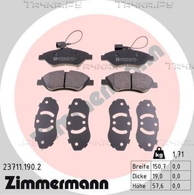 Тормозные колодки Zimmermann передние для Lancia Delta III (844) 2008-2014. Артикул 23711.190.2