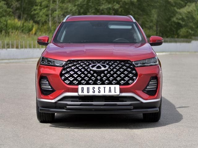 Защита RusStal переднего бампера d63 секции-d42 дуга для Chery Tiggo 7 Pro 2020-2026 Черная. Артикул CHT7Z-003873CH