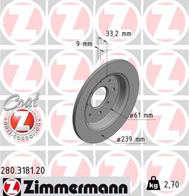 Тормозной диск Zimmermann Coat Z задний для Honda Jazz III 2015-2026. Артикул 280.3181.20