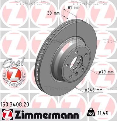 Тормозной диск Zimmermann Coat Z передний для BMW 7 IV (E65/E66) 2001-2008. Артикул 150.3408.20
