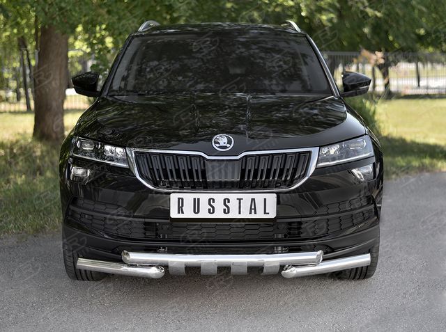 Защита RusStal переднего бампера d63 (секции) d63 (уголки и клыки) для Skoda Karoq 2020-2026. Артикул SKKZ-003439