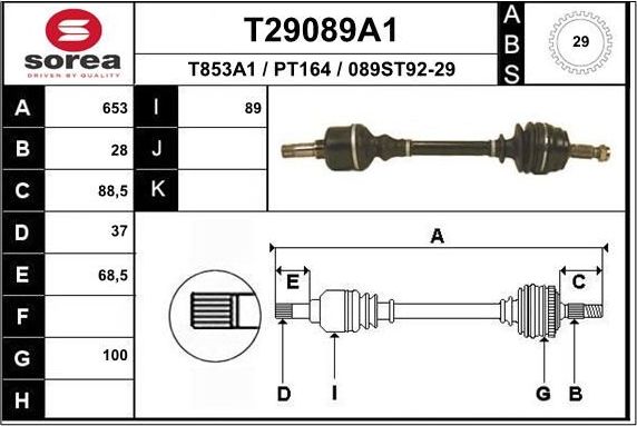 Полуось (привод в сборе, приводной вал) EAI. Артикул T29089A1