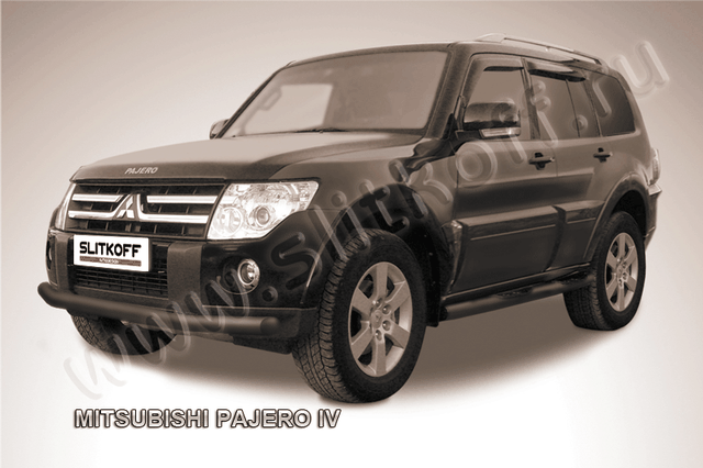 Защита Slitkoff переднего бампера d76 ЧЕРНАЯ матовая для Mitsubishi Pajero IV 2006-2011. Артикул MPJ010B