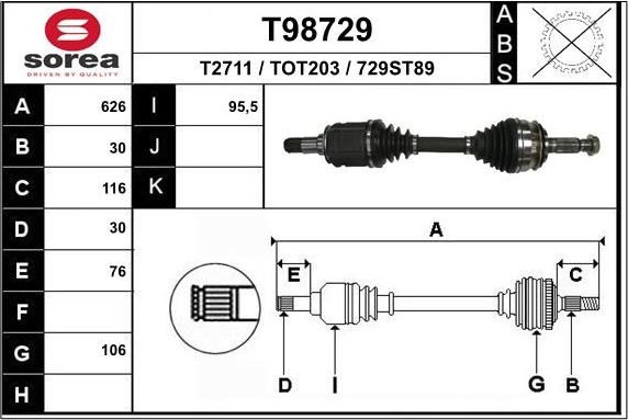 Полуось (привод в сборе, приводной вал) EAI. Артикул T98729