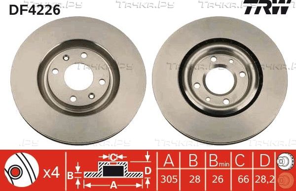 Тормозной диск TRW передний для Peugeot 406 I 1997-2004. Артикул DF4226