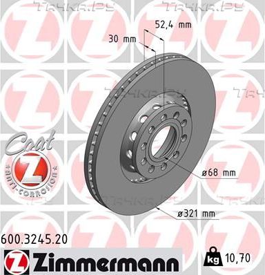 Тормозной диск Zimmermann Coat Z передний для Volkswagen Passat B5 2000-2005. Артикул 600.3245.20