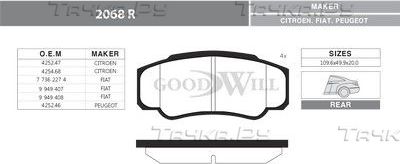 Тормозные колодки GoodWill задние для Peugeot Boxer II (244) 2002-2006. Артикул 2068 R