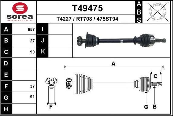 Полуось (привод в сборе, приводной вал) EAI. Артикул T49475