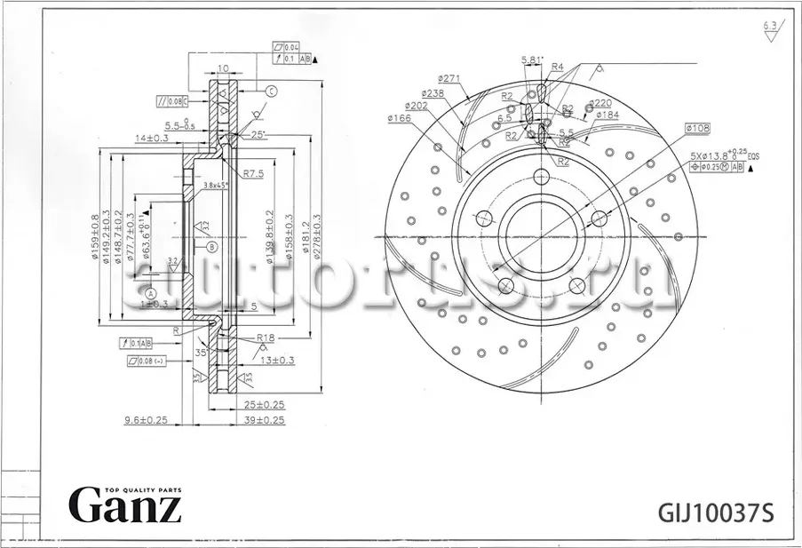 Диск тормозной передний перфорированный PRO-Line с покрытием FORD Focus III/C-Ma (Ganz). Артикул GIJ10037S