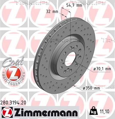Тормозной диск Zimmermann Coat Z передний для Honda Civic X 2017-2026. Артикул 280.3194.20