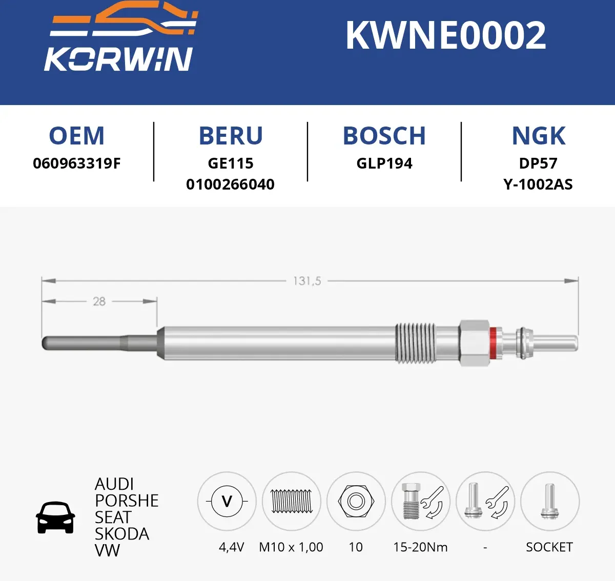 Свеча накаливания Audi/Porshe/Seat/Skoda/VW (гар. 2 года) пр. Турция (Korwin). Артикул KWNE0002