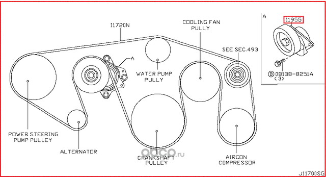 Натяжной ролик (натяжитель) приводного поликлинового ремня Nissan. Артикул 119551LA0A