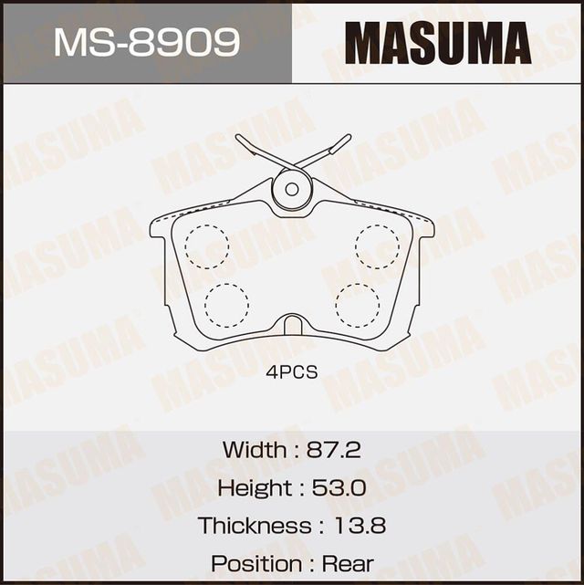 Тормозные колодки Masuma задние для Honda Accord VII 2003-2008. Артикул MS-8909